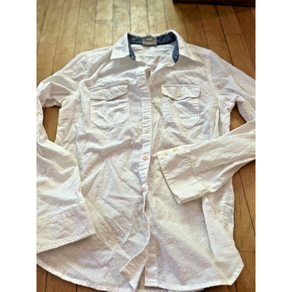 St John's Bay Polka Dot Swiss White Button Up Shirt Medium Feminine 100% Cotton